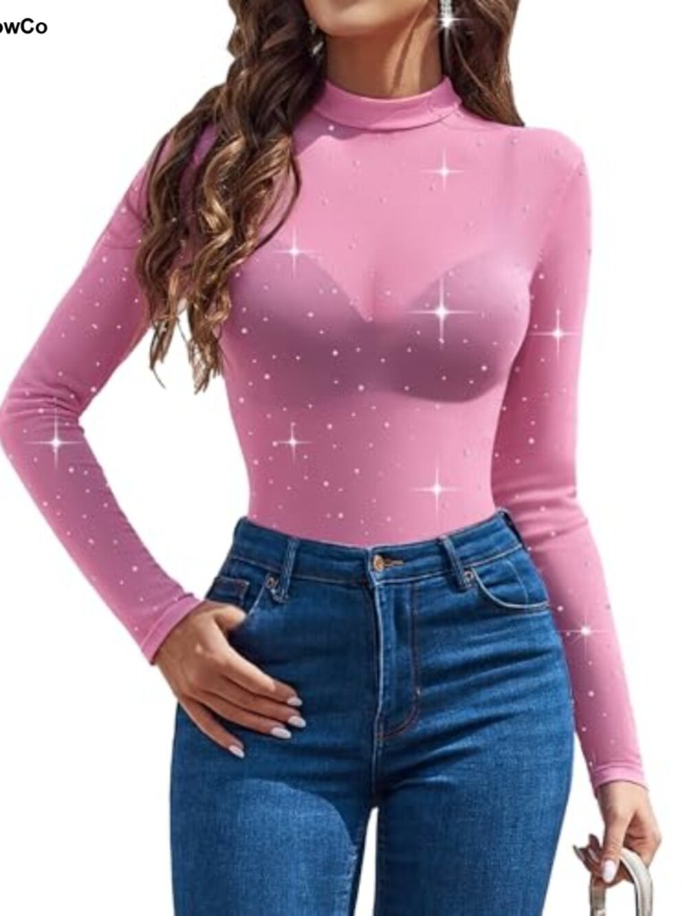 Rhinestone Sheer Mesh Top Long Sleeve Mock Neck See Through Blouse